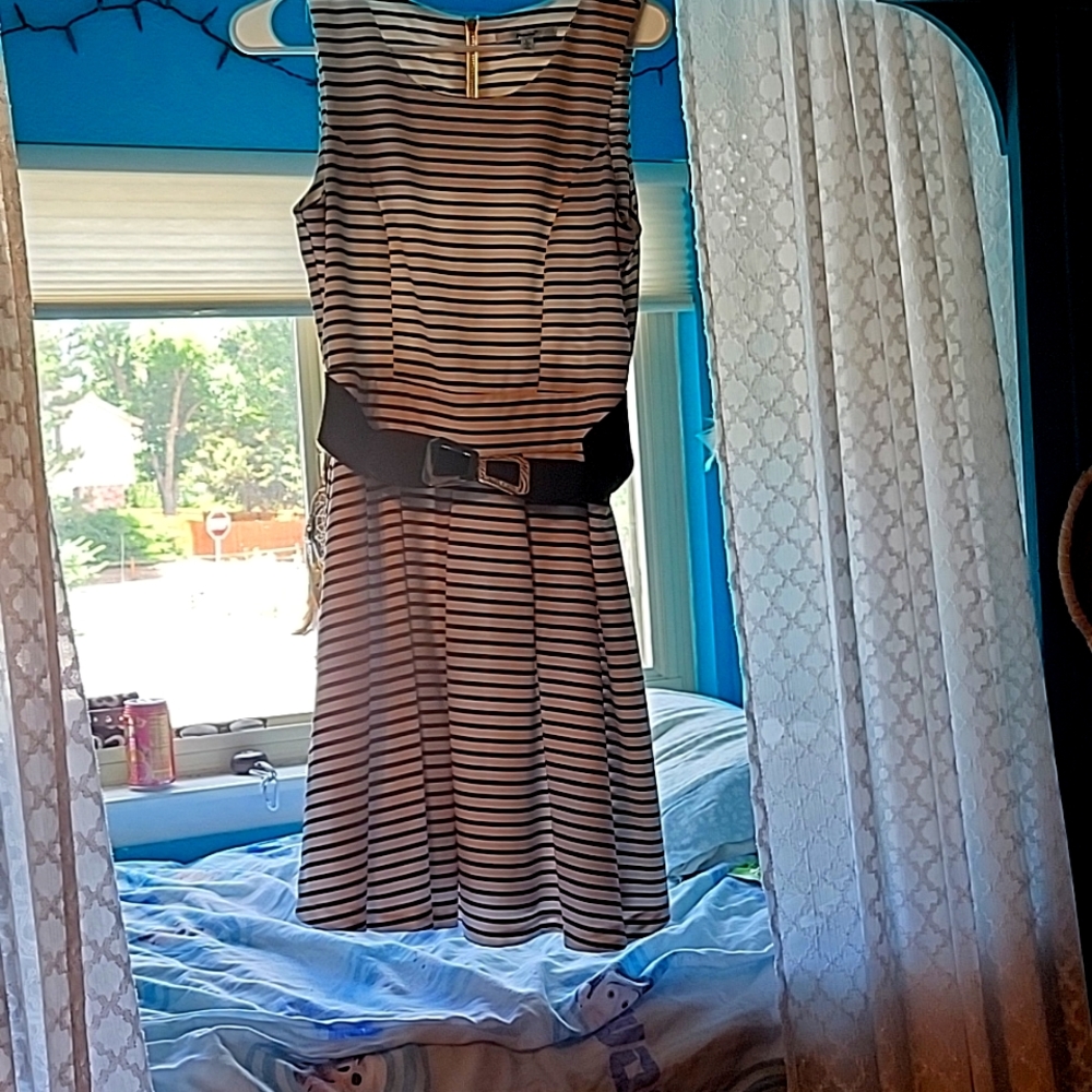 White striped dress with attached buckle. Brand: papaya. Size: Large